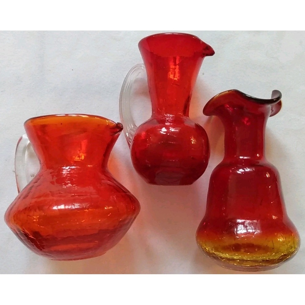 Red Crackle Glass Minature Pitchers Lot Of 3